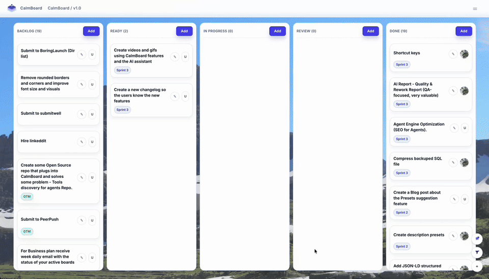 CalmBoard description presets being created and used from the task description area.