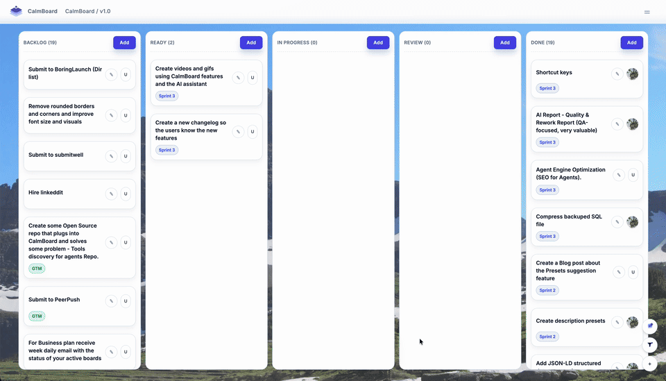 CalmBoard board reports panel showing calculated reports and timeline insights.